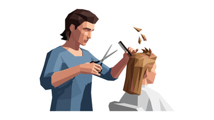 Low poly barber scene with hairstylist cutting hair using scissors and comb