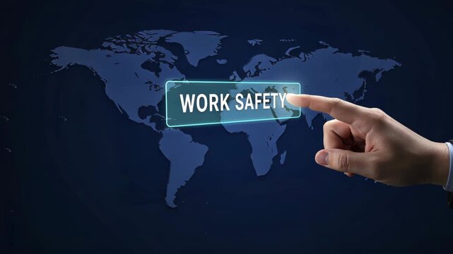 A hand touching a glowing button showing work safety on a futuristic screen, a mobile app for field safety reporting, and incident reporting