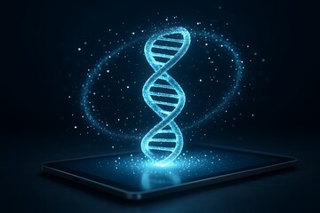Futuristic DNA Double Helix Emerging from Digital Tablet