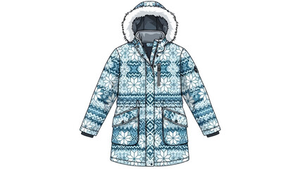 Detailed flat fashion illustration of a girls winter parka jacket with a snowflake and geometric pattern in shades of blue and white featuring a fur lined hood zippered pockets and adjustable waist
