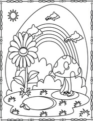 Rainbow Garden Coloring Page For Kids And Adults. Cute Flower And Mushroom Scene for Kids.