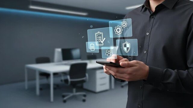 A man using a smartphone with floating blue panels and icons showing workplace compliance, hr compliance, and incident reporting