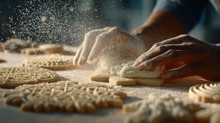 Artisan Flour Power: An artisan's hands meticulously craft a symphony of cookies, delicate snowflakes, and festive shapes, the scene bathed in a flurry of flour dust.