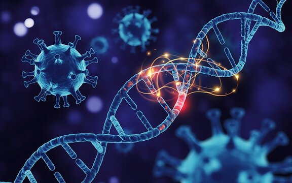 DNA strand and virus particles in a scientific visualization