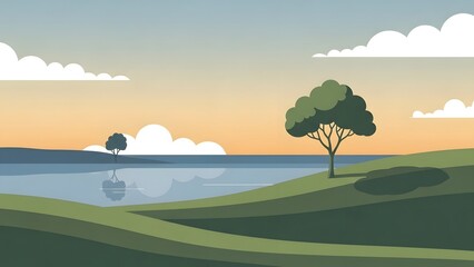 Minimalist Lake Landscape at Sunset with Rolling Hills Illustration perfect for Website banner, blog header, presentation background, app design, social media