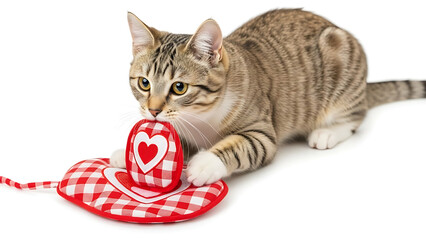 Tabby cat playing with a red and white heart shaped toy on white