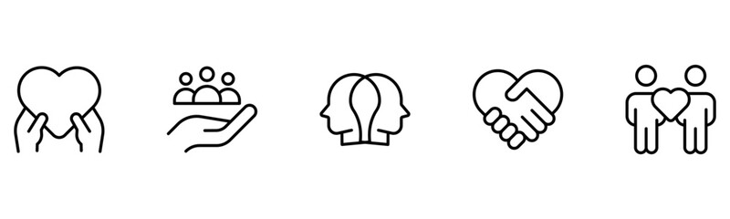 Heart, love, care, help, charity, and donation outline icons are set isolated on a white background in a flat vector illustration.