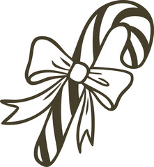 Striped lollipop cane with a bow, outline, monochrome doodle style.