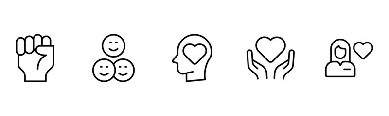 Heart, love, care, help, charity, and donation outline icons are set isolated on a white background in a flat vector illustration.