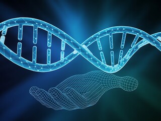 Abstract dna strand visualization with digital circuitry reflection for scientific research