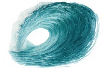 Breaking blue ocean wave curling with white foam, showing power and movement on transparent background