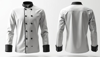 Front and back view of a chef jacket. White uniform features black accents on the collar cuffs and buttons. Pro apparel for culinary industry or cook.