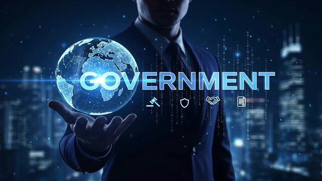 A businessman extends a hand toward a glowing holographic globe labeled government with floating data and icons, government incident reporting concept, incident reporting concept