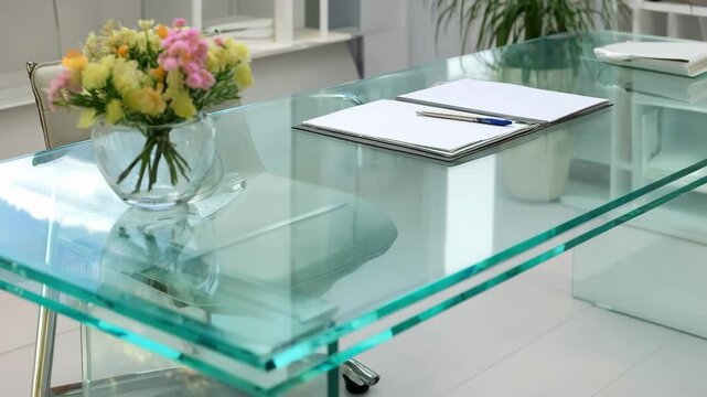 Glass desk organized for document authentication showing clear surface reflections and minimalist accessories in a bright office space.