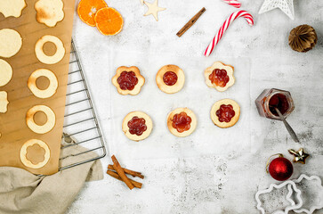 Traditional Linzer Christmas cookies filled with jam. home baking idea