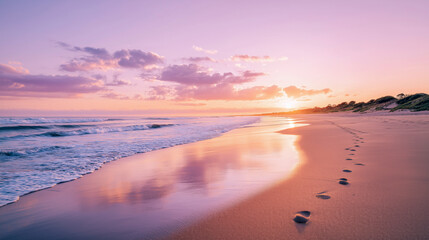 Soft pastel sunset reflects across gentle ocean waves as a line of footprints leads along the smooth sandy