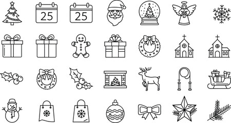 Minimalist black and white Christmas icons set featuring festive symbols, decorations, gifts, and holiday elements for seasonal vector design