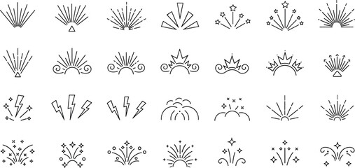 Minimalist sparkle burst icons set for decorative design accents, celebration highlights, star rays, lightning embellishments, and festive ornament elements.