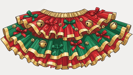 Festive christmas tutu skirt adorned with red and green ruffles gold trim bows and jingle bells for holiday celebrations and seasonal events