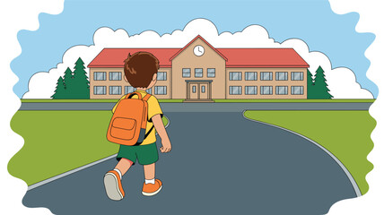 Back to school vector illustration, child walking with backpack, educational building, morning scene, student journey, outdoor learning concept, school day start