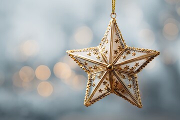 An elegant gold and white Christmas star ornament hangs delicately, sparkling against a soft, blurred background of festive bokeh lights.
