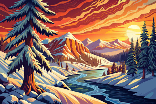 frozen riverbend in Yellowstone National Park framed by snowy trees, open meadows, and a peaceful holiday atmosphere designed for Christmas 2026 nature themes