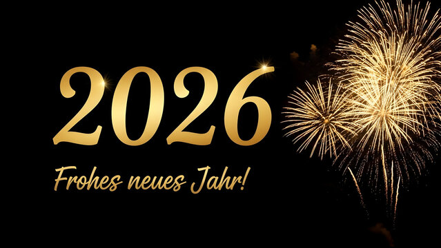 Golden 2026 text with frohes neues jahr and sparkling fireworks on black background