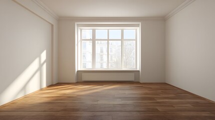 Obraz premium Bedroom 2026 minimal layout with warm wood floor and soft neutral wall, empty space for text, soft natural window light