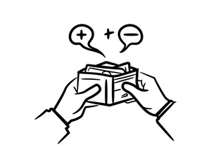 Hands holding wallet with money and financial symbols