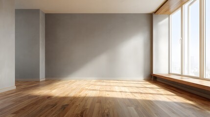 Fototapeta premium Bedroom 2026 minimal layout with warm wood floor and soft neutral wall, empty space for text, soft natural window light