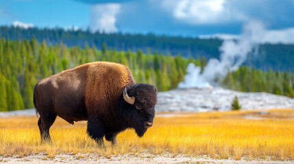 In the golden hues of summer, a bison roams peacefully across the grassy plains of Yellowstone, with steam rising from nearby geothermal features in the background