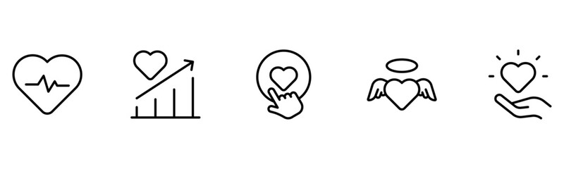 Heart, love, care, help, charity, and donation outline icons are set isolated on a white background in a flat vector illustration.