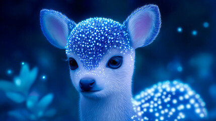 Luminous baby deer with glowing blue fur and delicate light particles standing in a magical forest