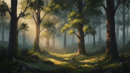 Sunlit Forest Path Through Enchanting Morning Mist perfect for website banner, blog post header, nature-themed design, book cover, album art, meditation app