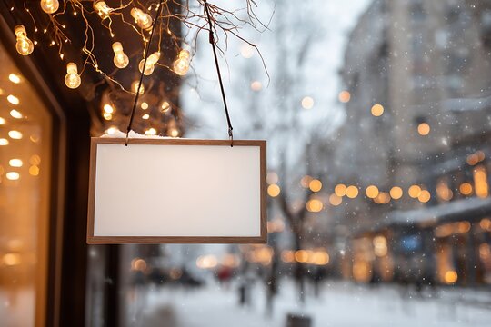 Blank wooden sign with falling snow and warm string lights, creating a festive winter atmosphere for your message. - Powered by Adobe