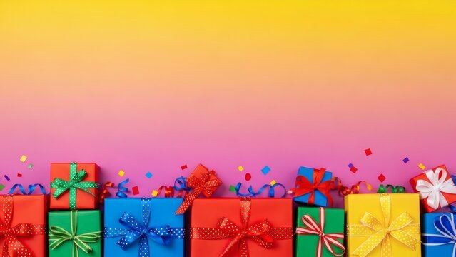 Colorful assortment of wrapped gift boxes with ribbons and confetti against a vibrant yellow to pink gradient background - Powered by Adobe