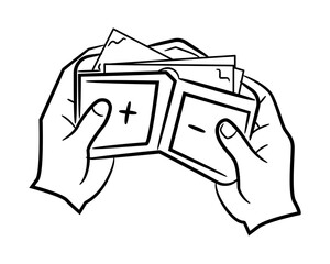 Hands holding wallet with money and financial symbols