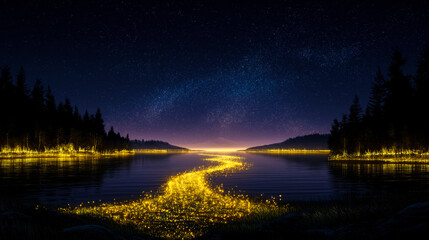 Glowing golden trail of lights drifting across a tranquil lake under a star-filled night sky, creating a magical landscape