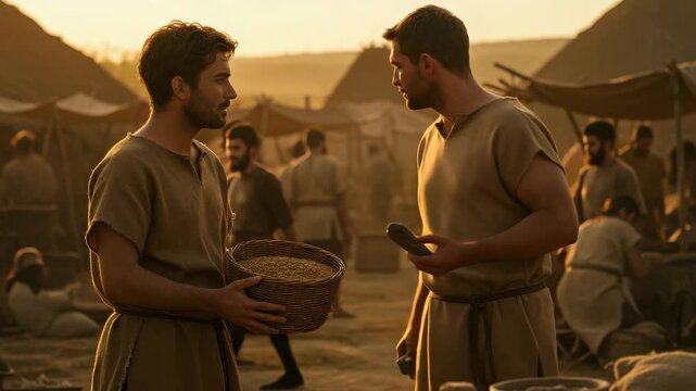 Two men discuss trade as they hold baskets and stones in a market during sunset