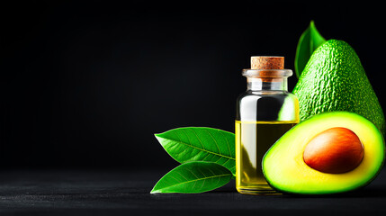 Fresh avocado with green leaves and a glass bottle of avocado oil displayed against a dark background