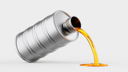 A metal canister from which a bright golden liquid pours onto the surface