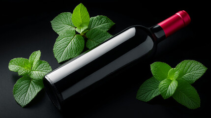 Elegant dark wine bottle with a red foil cap surrounded by fresh green leaves on a black background