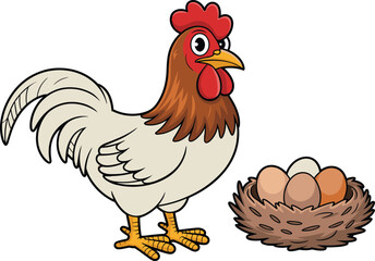Cartoon chicken and nest illustration, farm animal with three eggs, colorful vector drawing, white background, agriculture and biology educational design