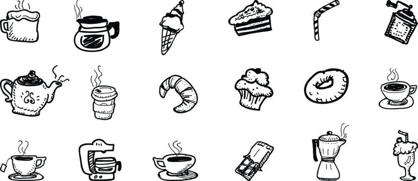 Vector Assorted hand drawn coffee shop and bakery items in black and white sketch style for menu or decoration