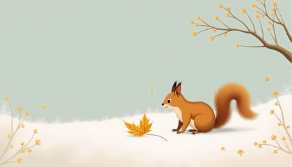 Minimal poster-style artwork of a tiny squirrel beside a golden leaf on fresh snow, soft textured ground and wide blank area for text, bright elegant palette for Squirrel Appreciation Day
