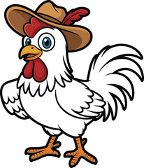 Cartoon chicken with cowboy hat and feather, funny farm bird character, western style poultry mascot, vector clipart, isolated white background