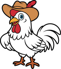 Cartoon chicken with cowboy hat and feather, funny farm animal character, western style mascot, vector clipart, isolated white background