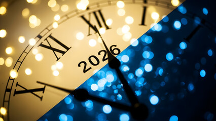 Close up of a vintage clock face showing the year 2026 with sparkling bokeh lights