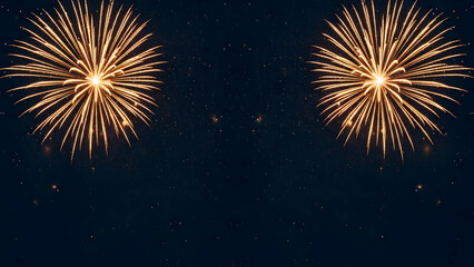 Fototapeta premium Two bright golden fireworks exploding in the dark night sky with small stars