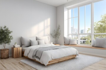 Fototapeta premium Bright minimal bedroom 2026 interior with open layout